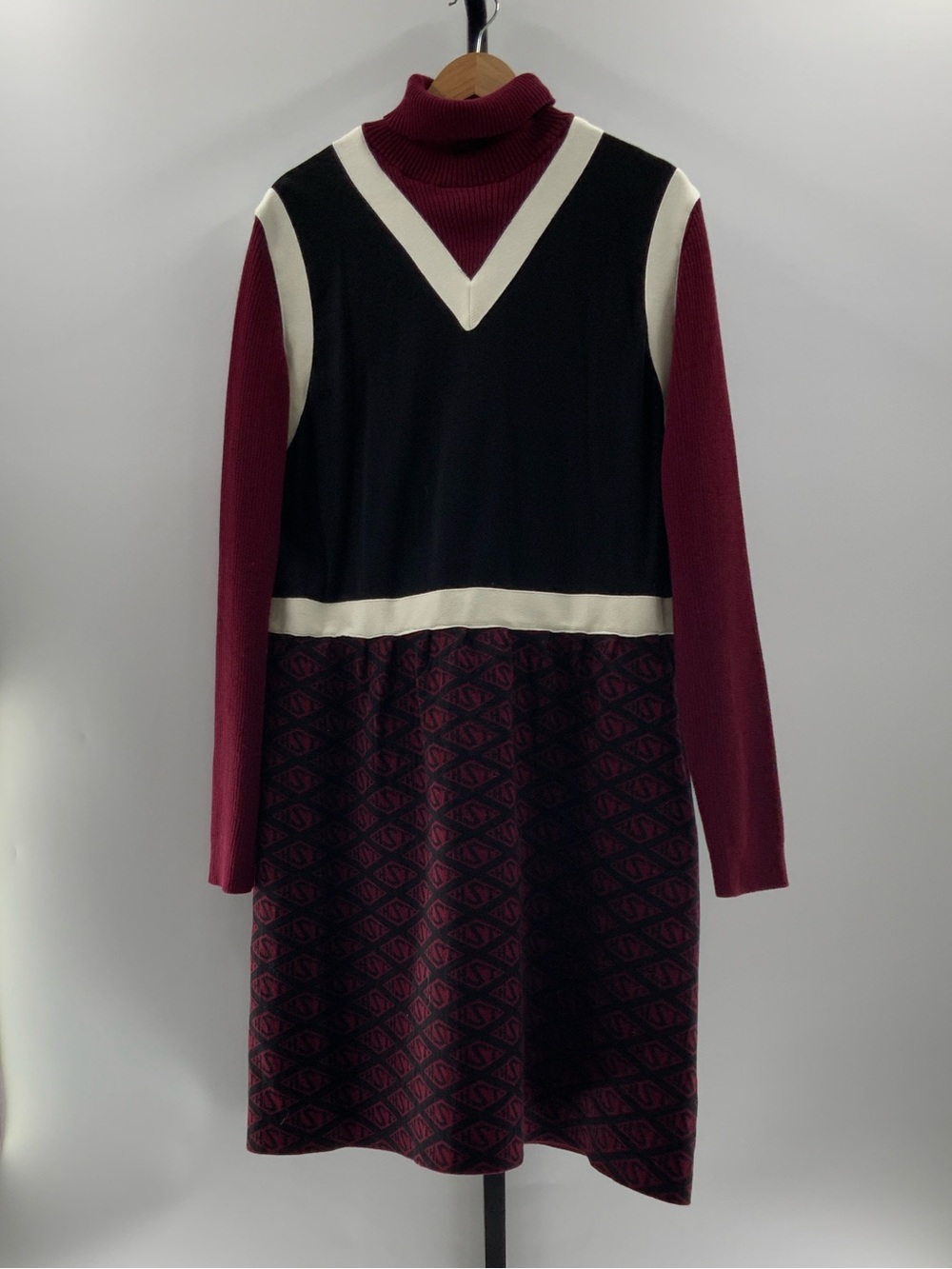 Tommy Hilfiger Burgundy, Black and Cream Long-Sleeve Turtleneck A-Line Dress